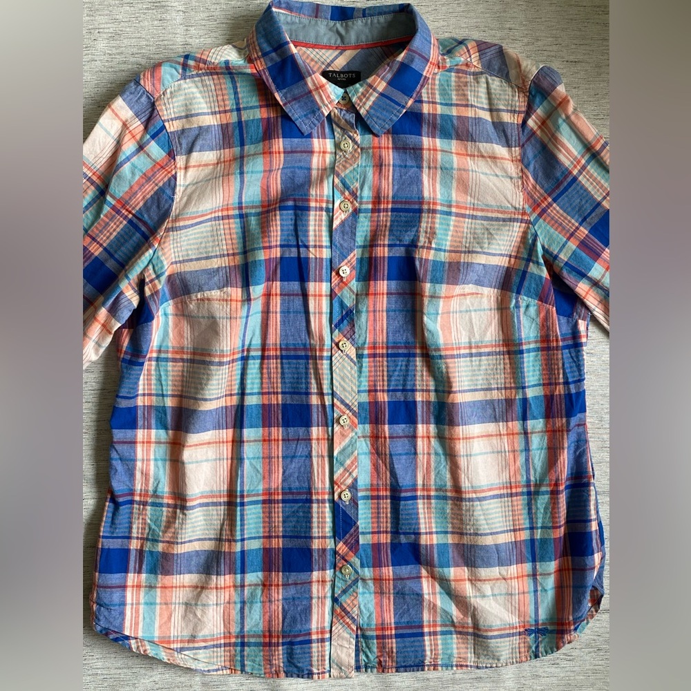 Talbots Petite women’s Plaid Button-Down Shirt in Blue, Orange & Cream